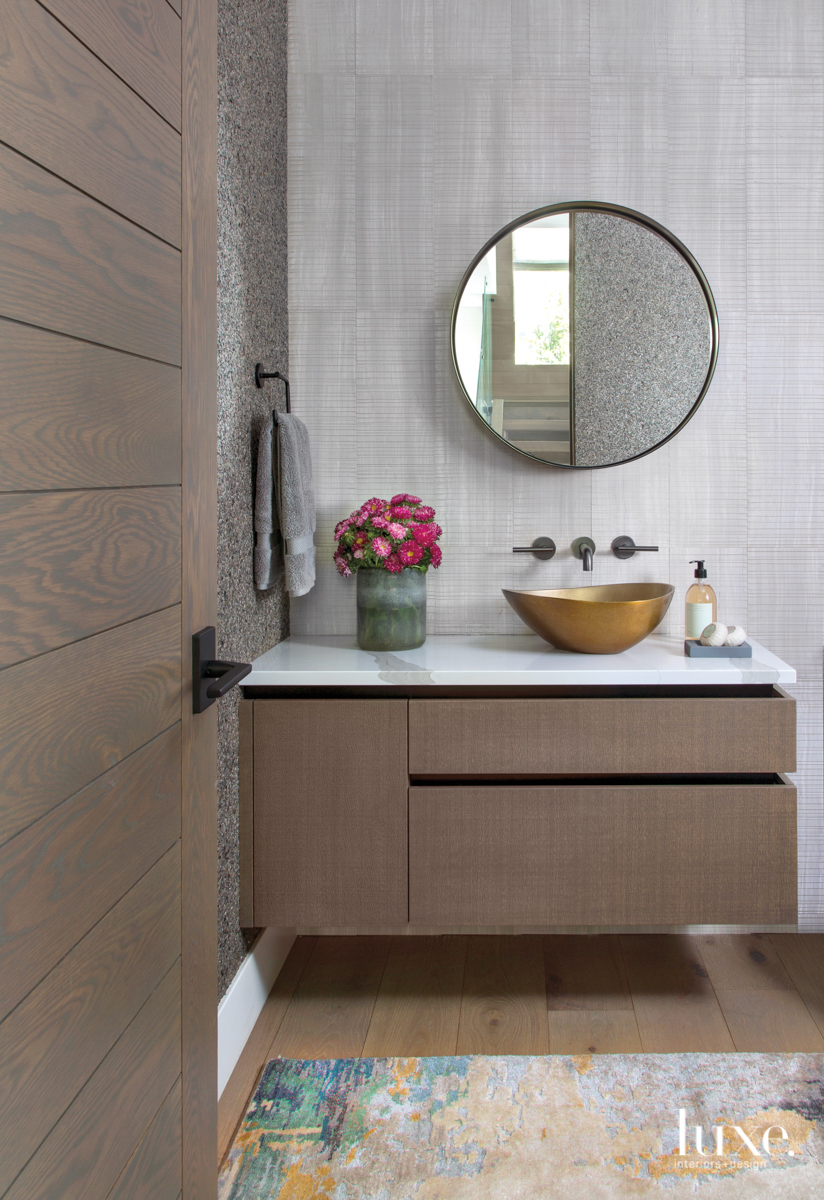 powder room with marble countertopsa nd scraped oak cabinet phillip jeffries wallcovering