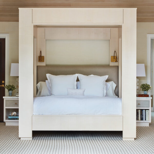 Zen Out In A Beautifully Layered Palm Beach Retreat With A Connection To The Outdoors master bedroom features the bed with square canopy and tables