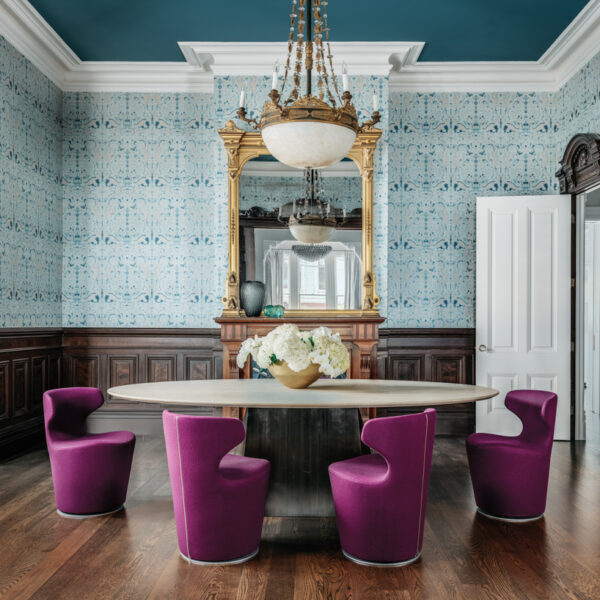 The SF Grand Victorian That Proves Honoring History Still Saves Room For Plenty Of Personality dining room with blue walls and ceiling, and purple chairs