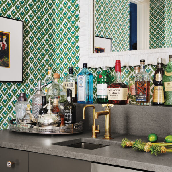 Ditch The Bunks: A Texas Home Channels A Sophisticated Summer Camp Vibe Bar area with Sarah & Ruby wallpaper from James