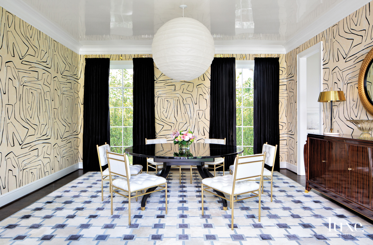Pattern-filled dining room with Kelly Wearstler for Lee Jofa wallpaper