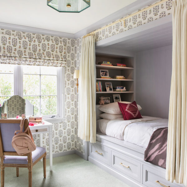 It Was True Love: A Jewel Box 1950s California Home Gets A Renovation With Heart daughters bedroom with draperies and built-in bed