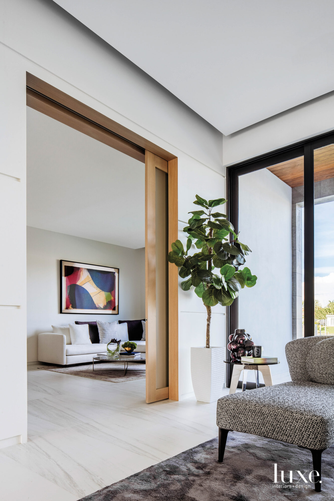 A fiddle leaf fig plant marks the space where the living room opens up to the family room.