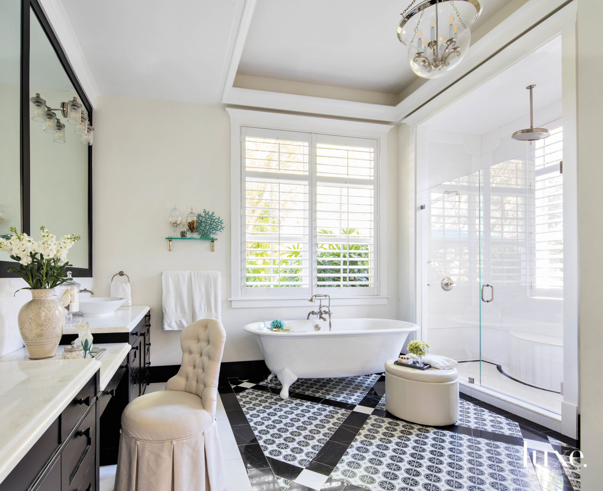 Master bathroom with black and white checker board-style flooring