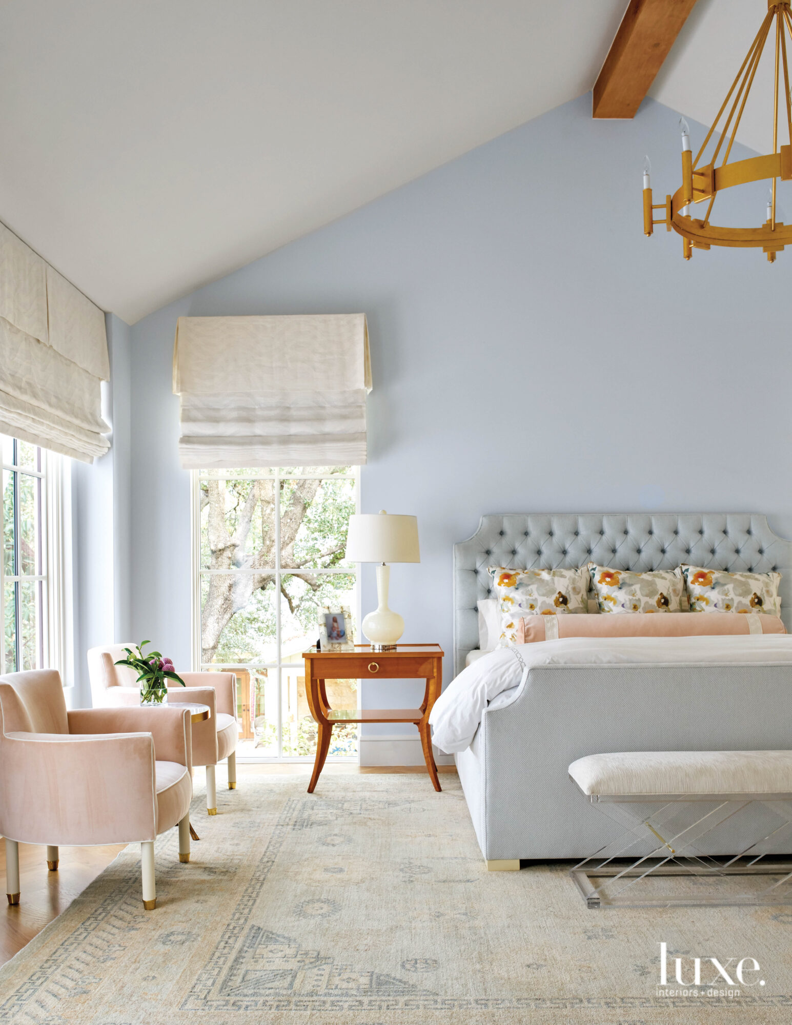 Soft blue bedroom with serene...
