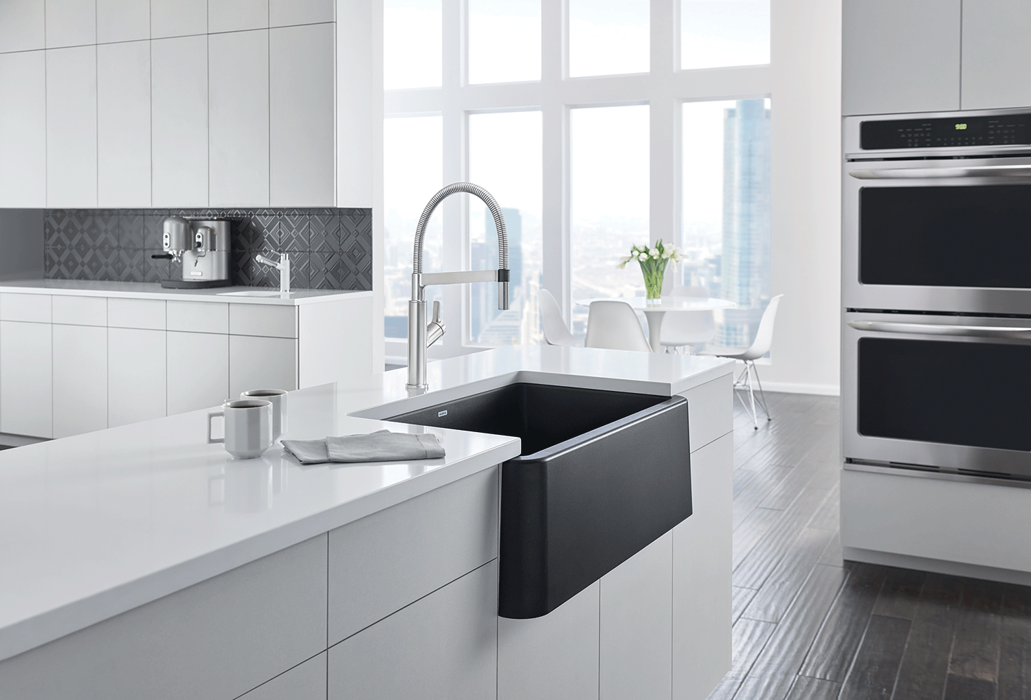 white kitchen with black sink