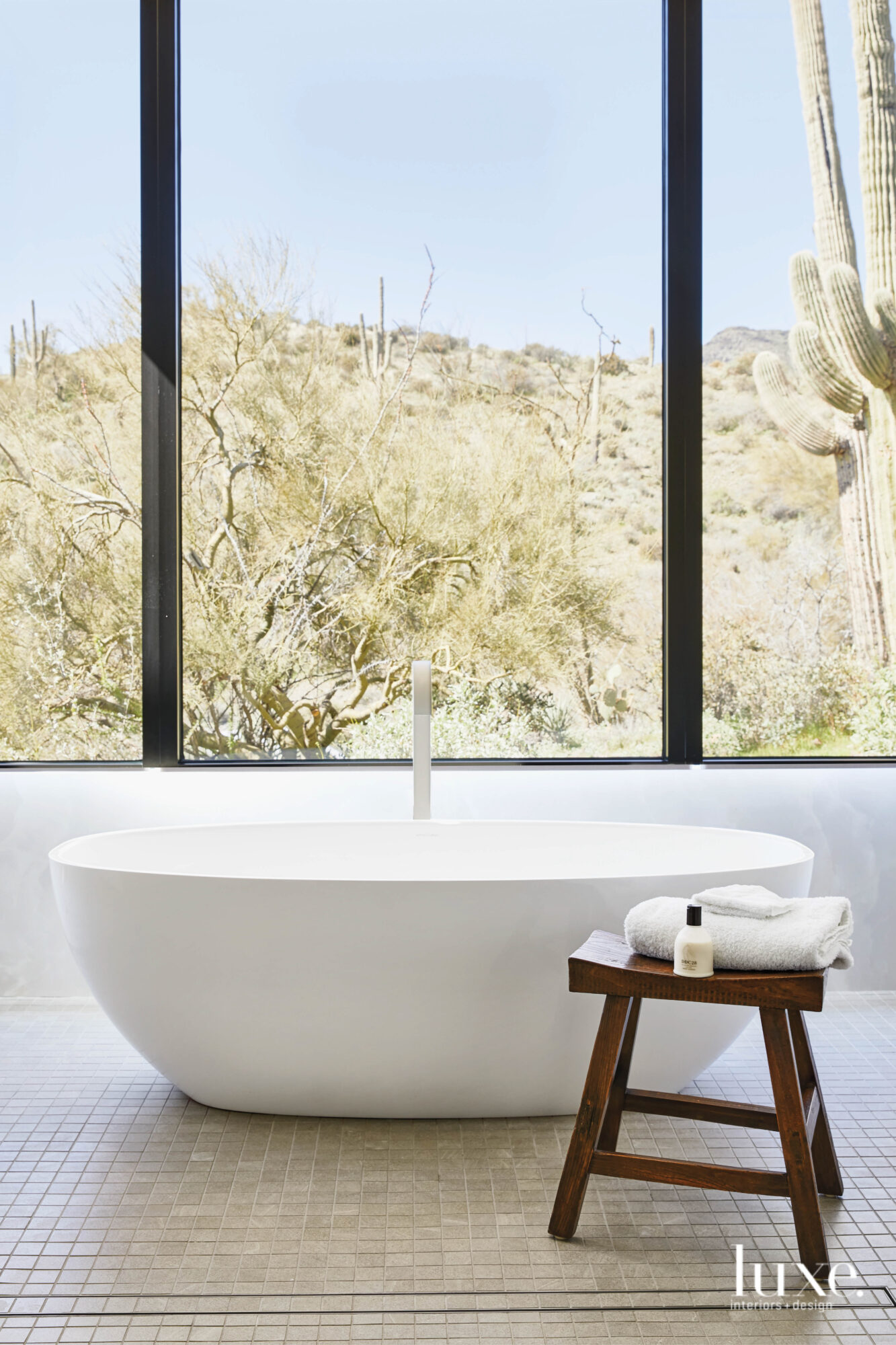 The master bathroom has a stand-alone tub that looks out on the desert.
