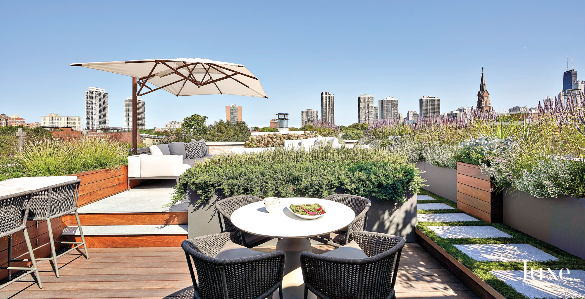 The rooftop deck has views of Chicago and several eating and sitting areas.