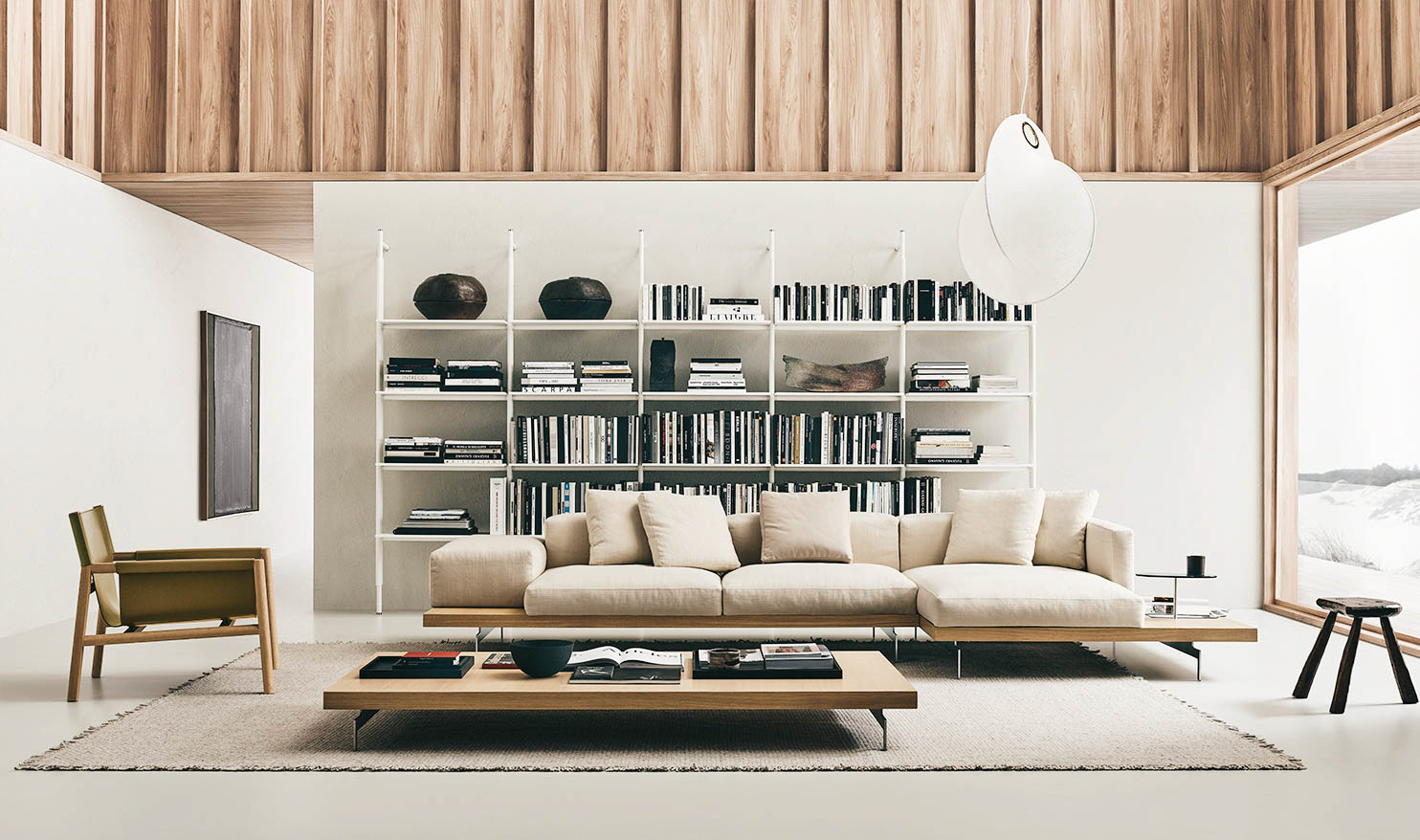 vignette of sectional and bookcase