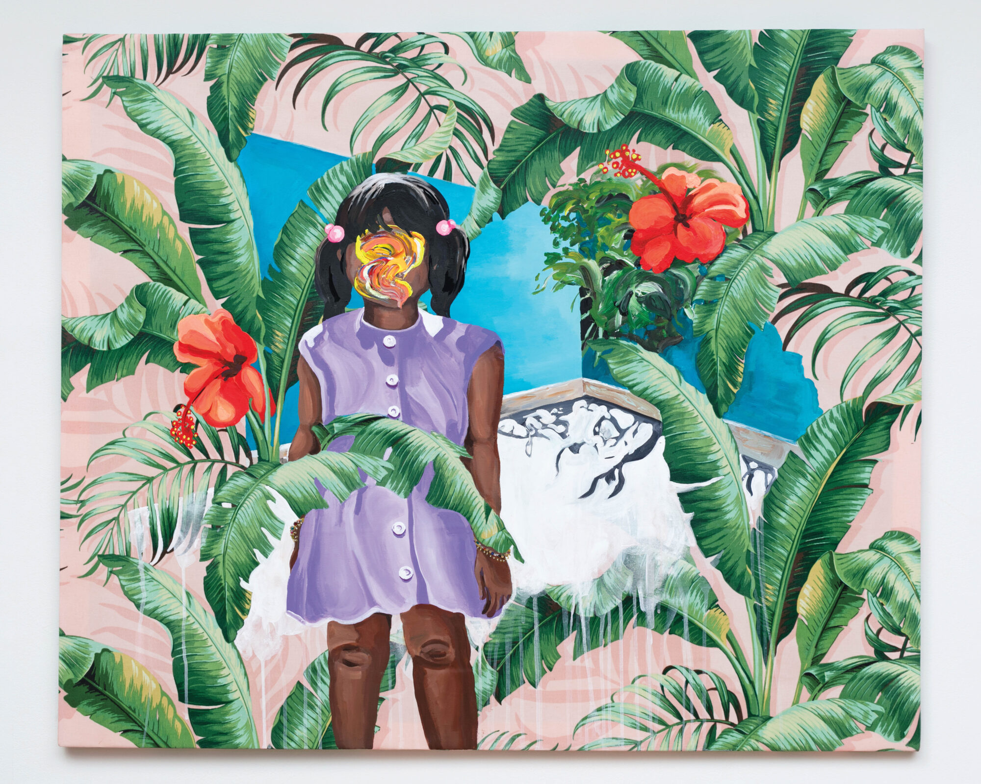 painting of little girl surrounded by palms