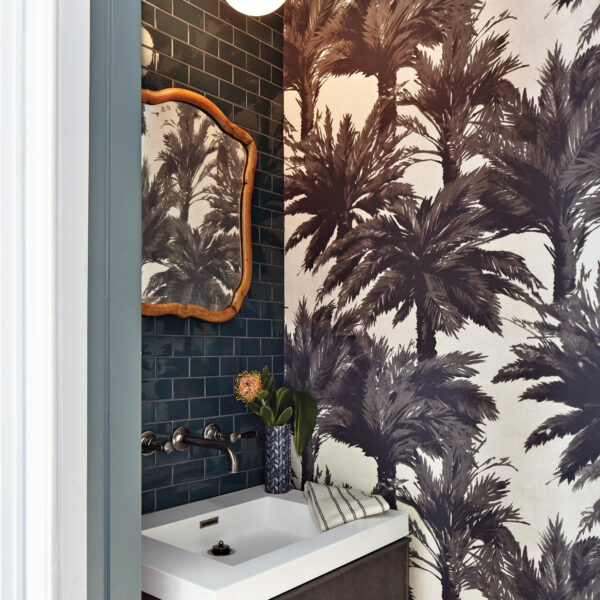Family-Friendly Funk Imbues This Historic Brooklyn Townhouse Pierre Frey wallpapered powder room.