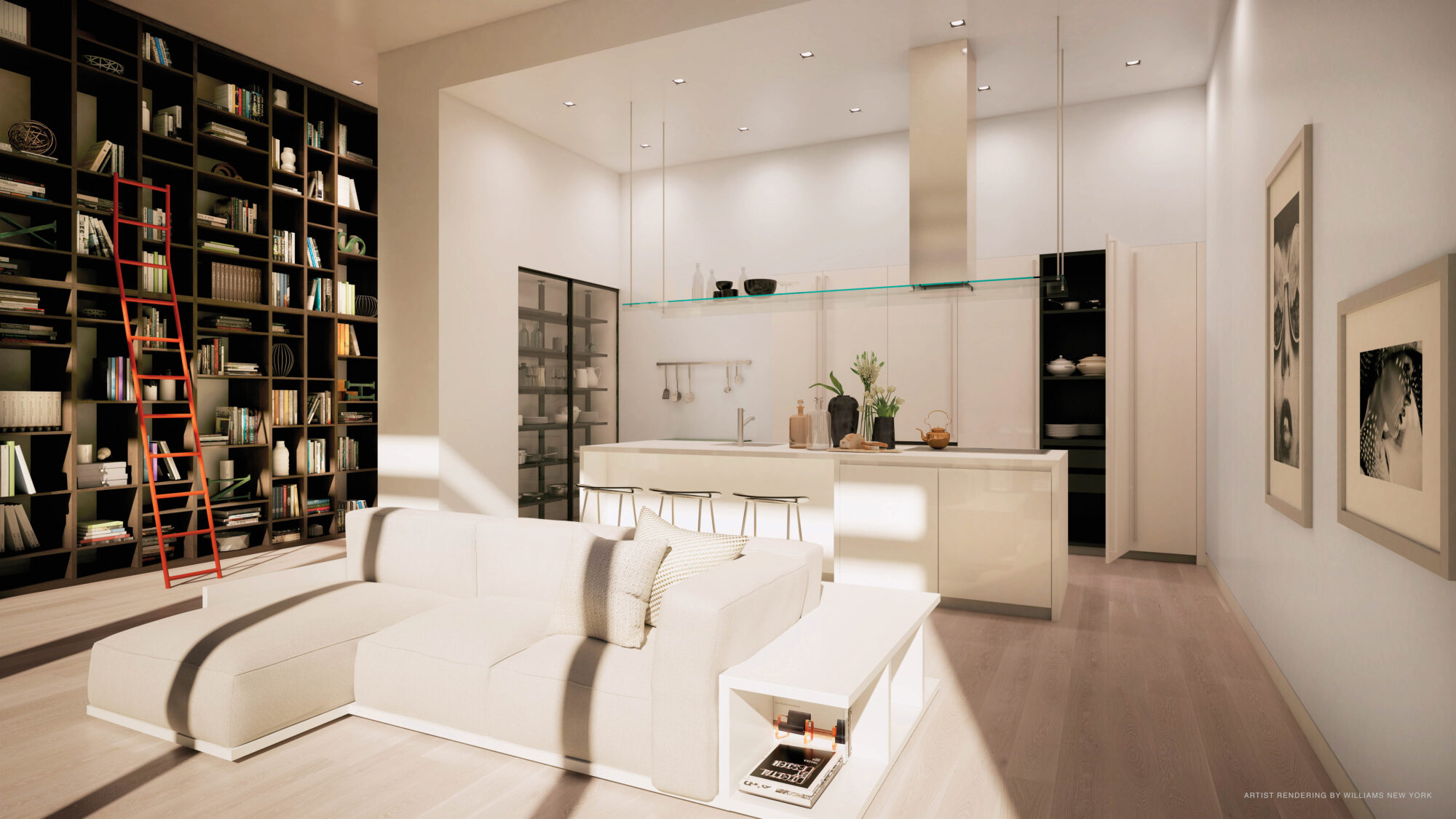 Manhattan luxury high rise living area with kitchen and bookshelf in the background