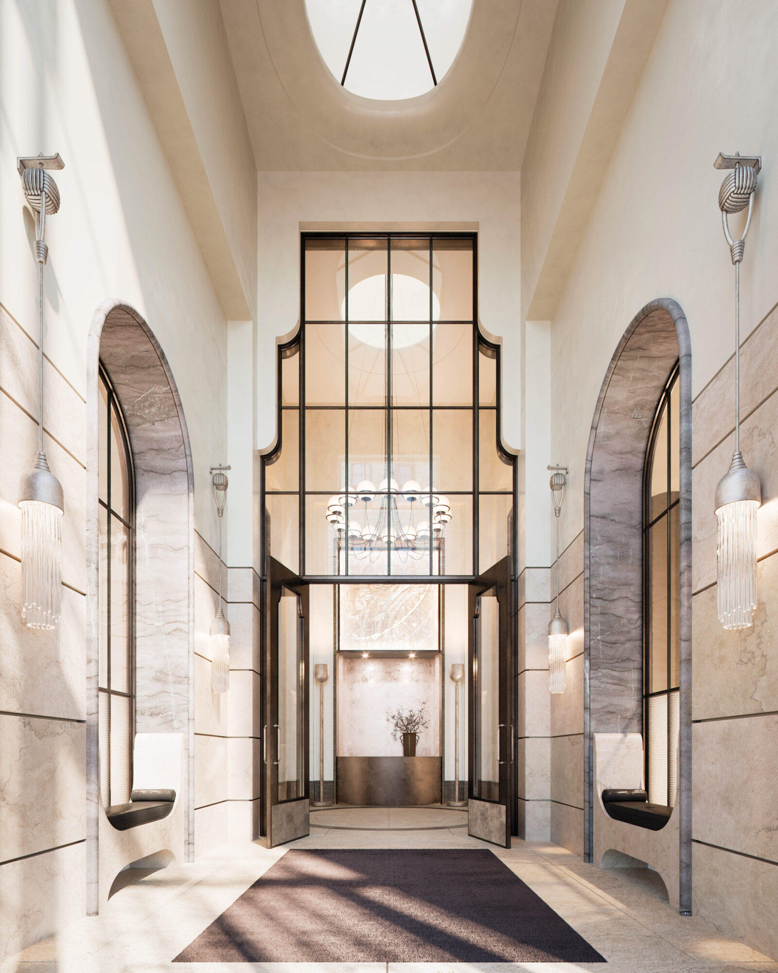entrance to Manhattan luxury high rise with large arched windows