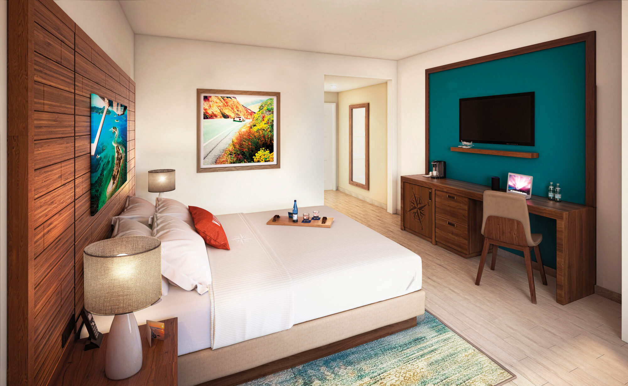 Hotel bedroom with wood wall and artwork.