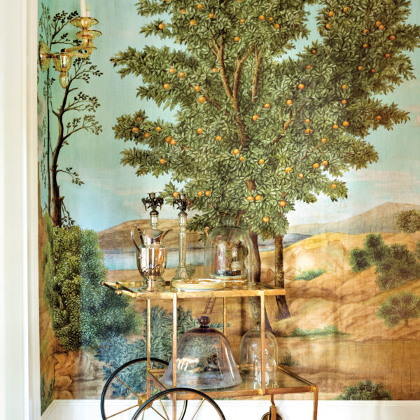 A Nashville Home Where Styles Blend And Spirits Lift Scenic wallpaper with brass bar cart
