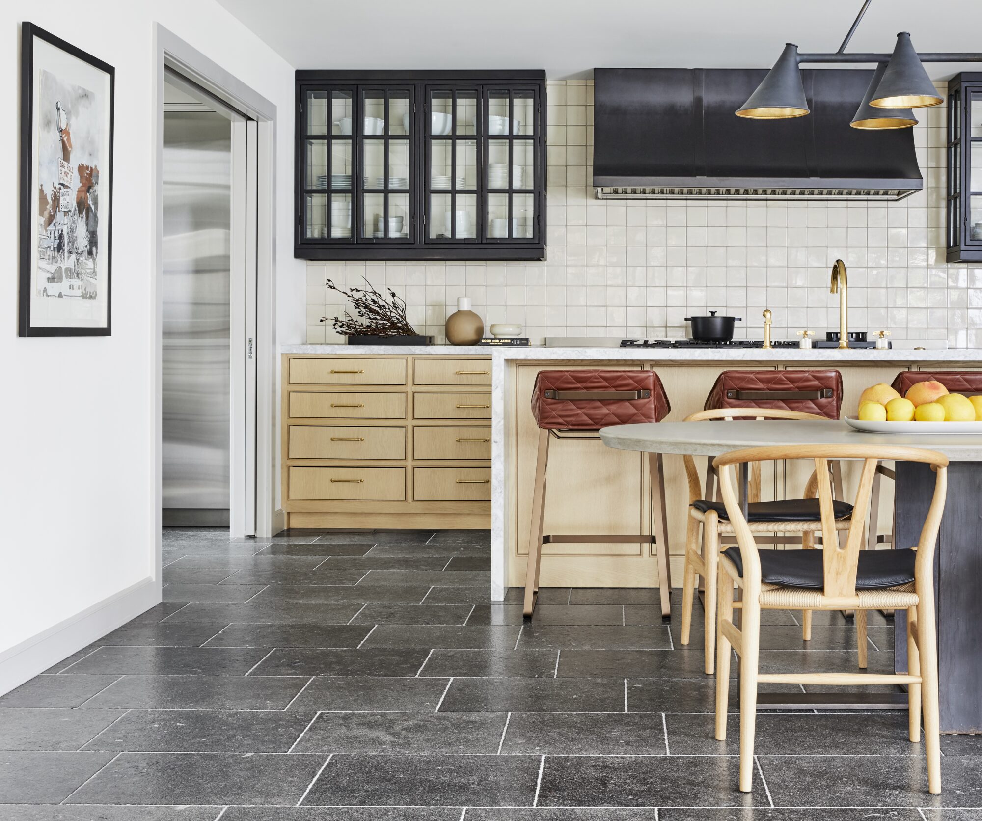 kitchen design with wooden furnishings and white tile