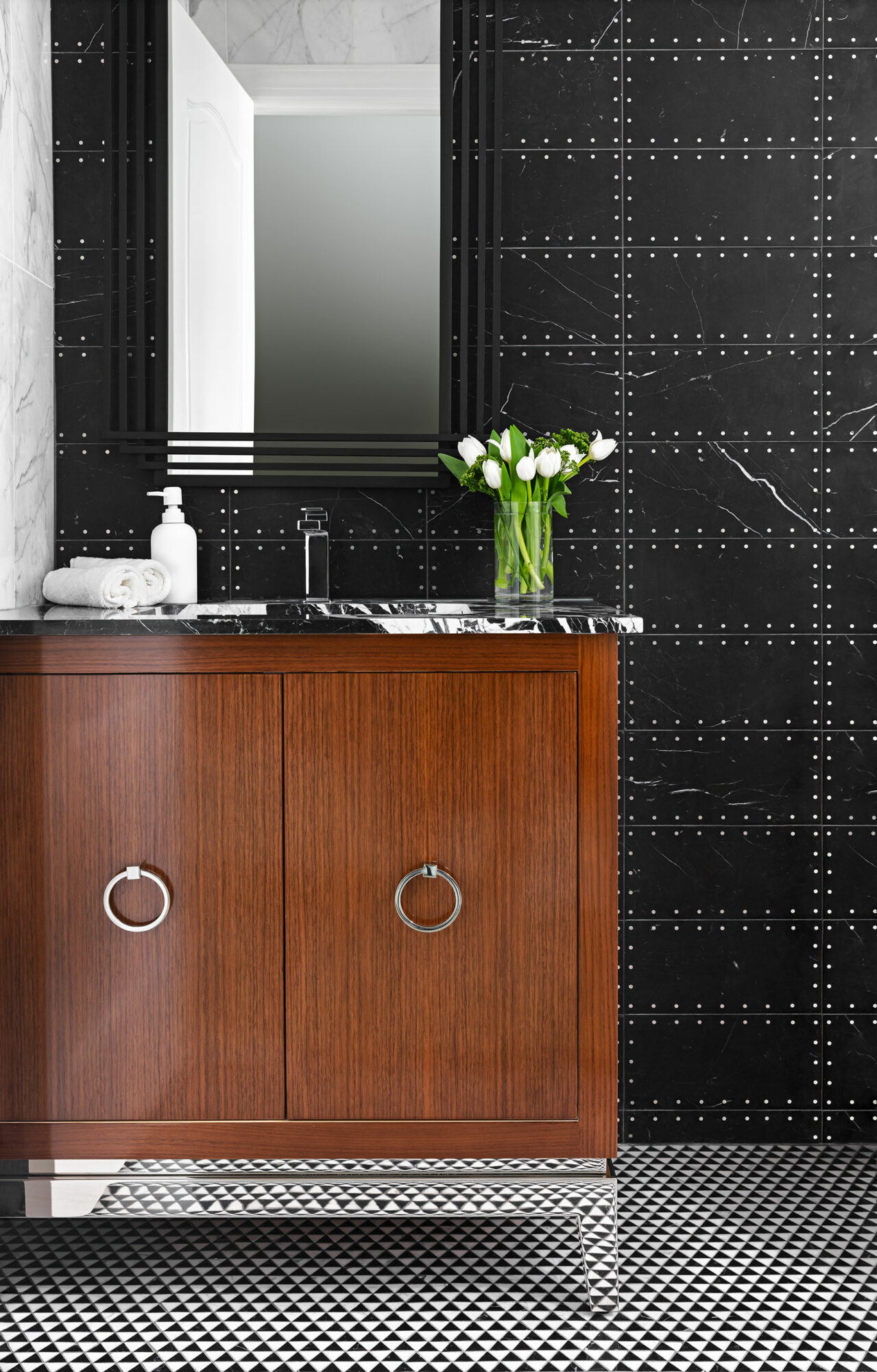 bathroom wood cabinet black white sink tile and wall