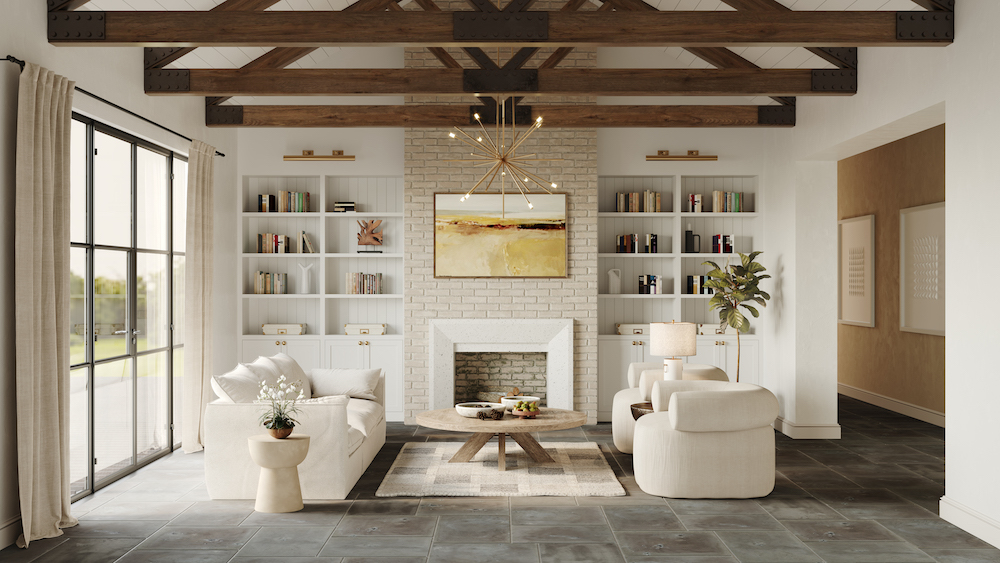 white living room with built-in masonry fireplace manufactured by FireRock in Alabama
