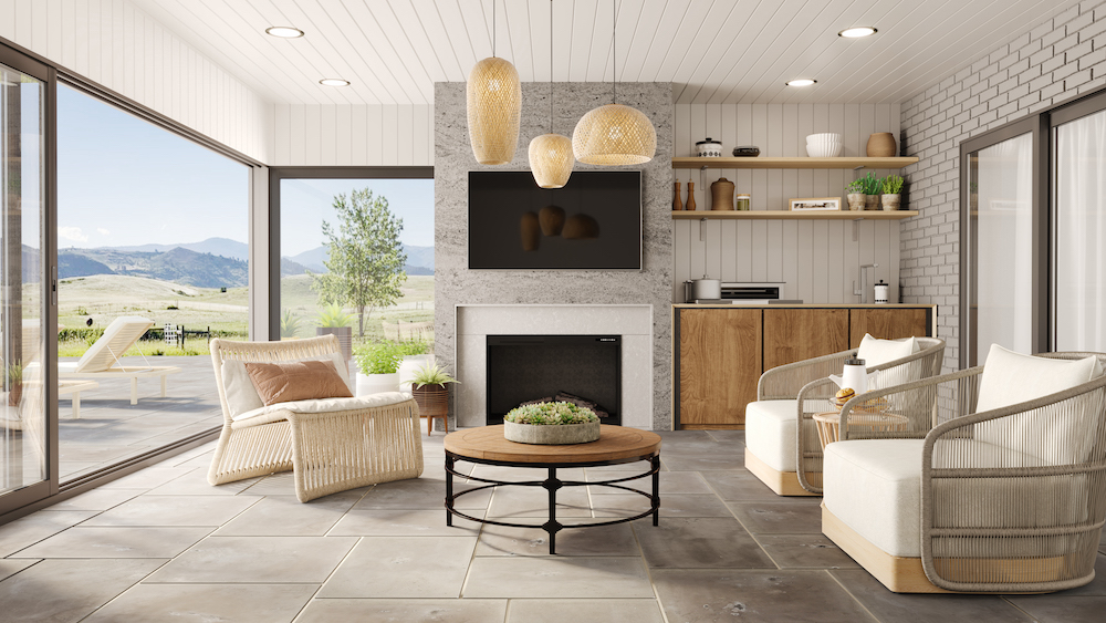 white living room with built-in masonry fireplace manufactured by FireRock in Alabama