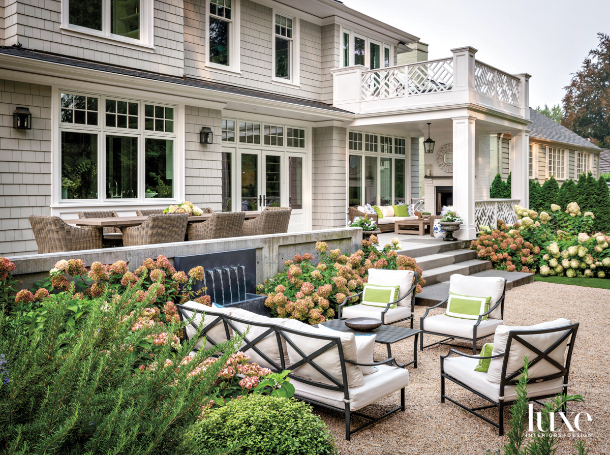 Upper terrace and lower seating terrace with hydrangeas and inspired by lush Provencal gardens