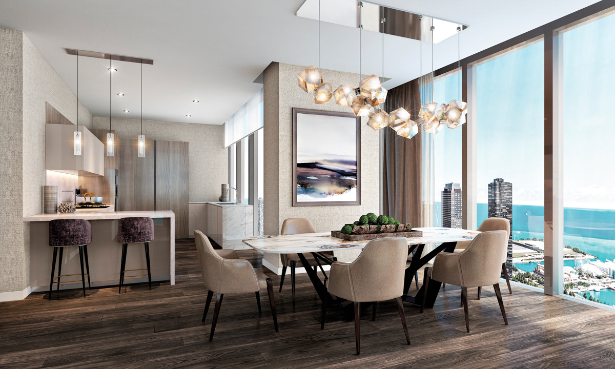 dining area and water view from a residence in The St. Regis Chicago