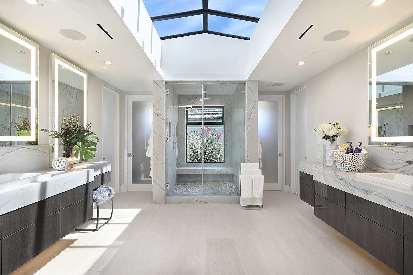 white open bathroom with skylight