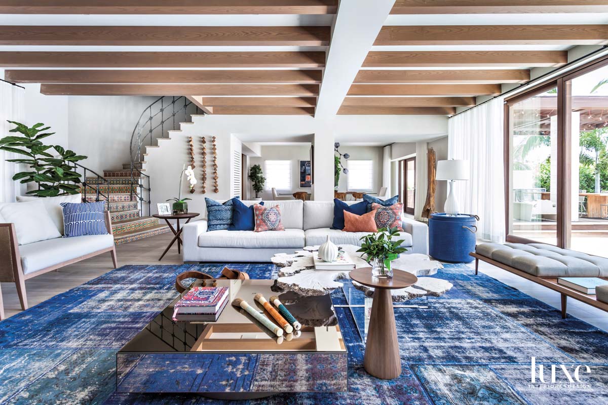 living room with blue accents