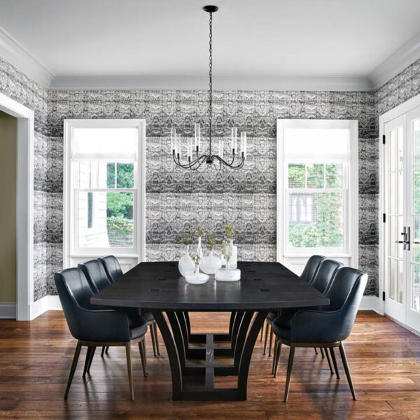 A Wilmette Home Delivers On A Wish For A More Laid-Back Lifestyle transitional dining room with black-and-white patterned wallpaper