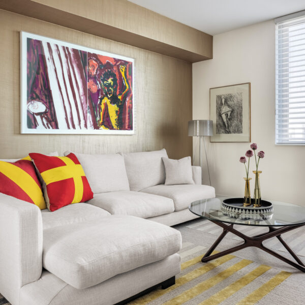 A Health-First Fort Lauderdale Haven Masters The Art Of The Pivot modern family room with white sectional and gold wallcovering