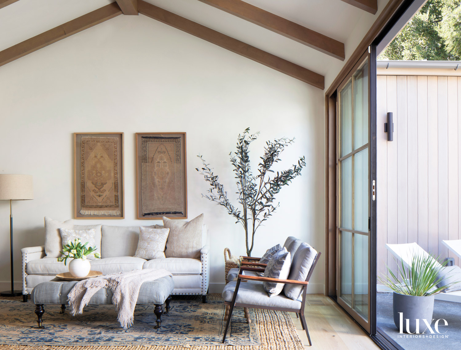 A living room displays a relaxed, California style.