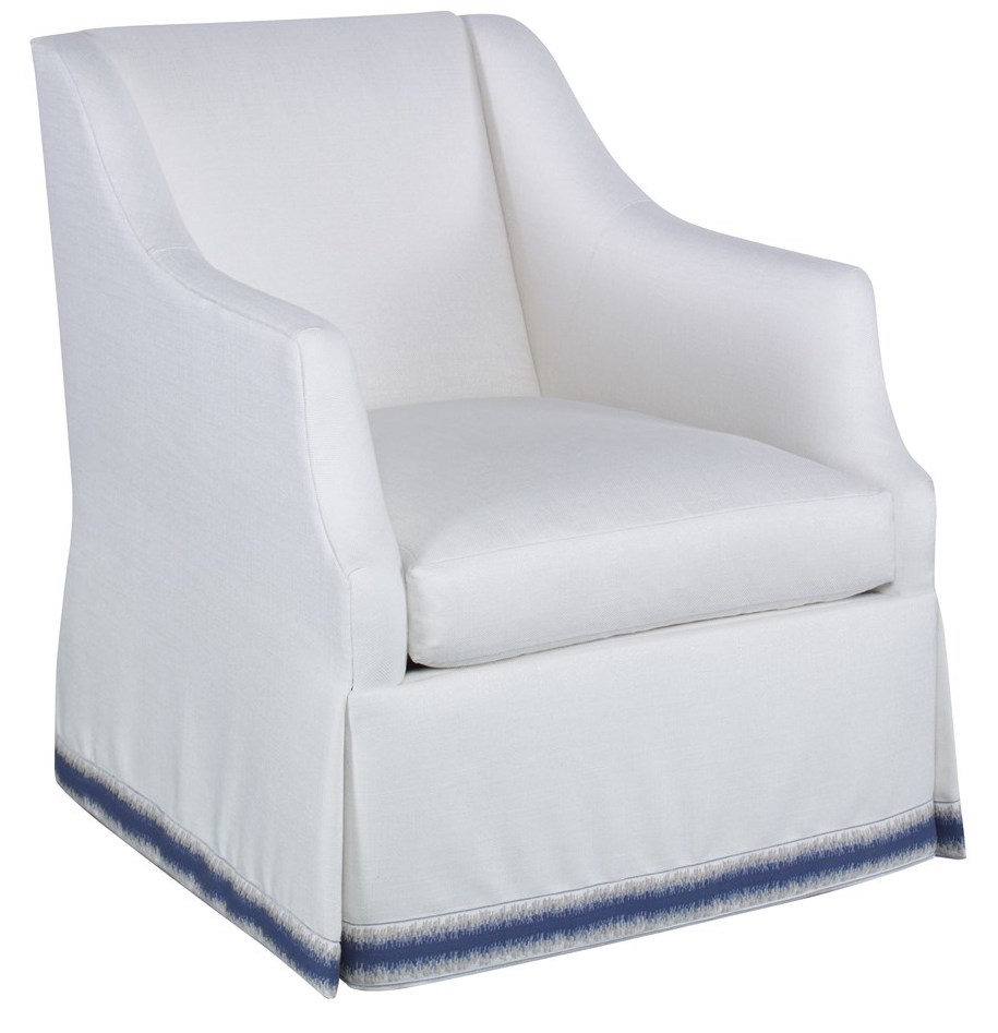 white armchair with blue bottom trim, part of the hot seating trends