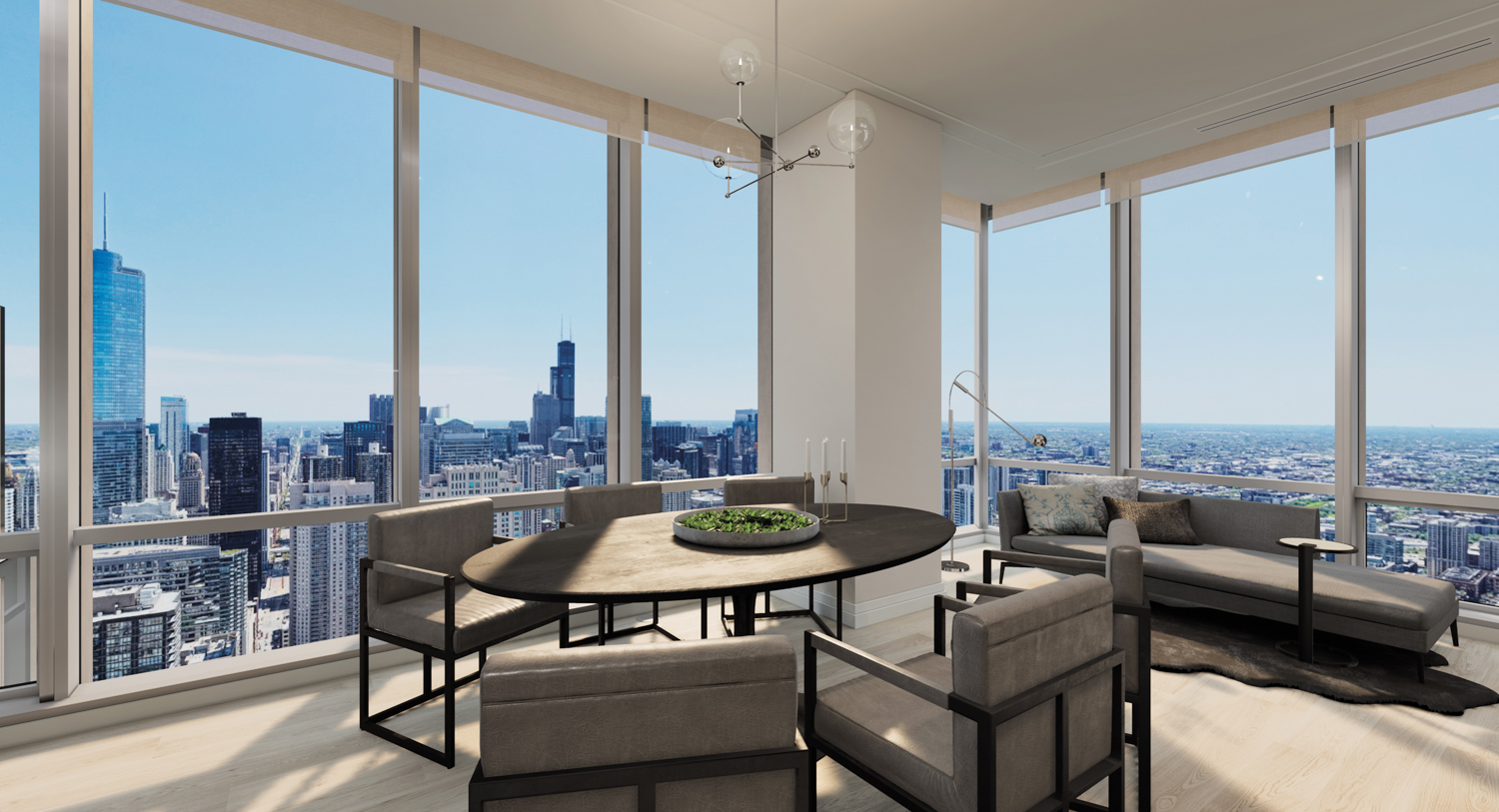 Rendering of a dining room in a high-rise building overlooking the city.