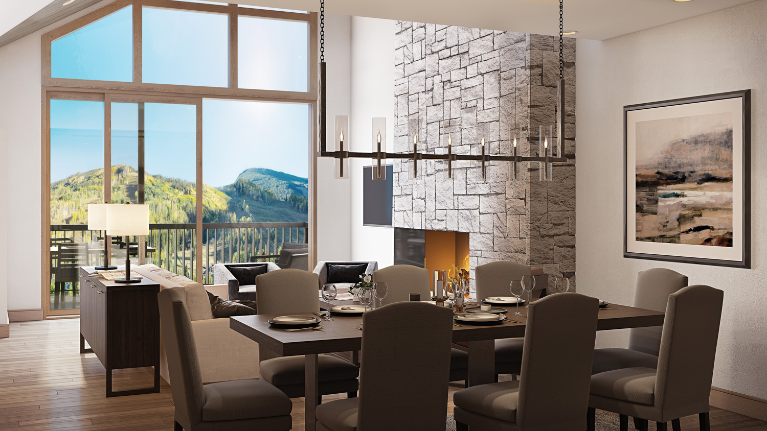 Rendering of a dining room and adjacent living room with mountain views.