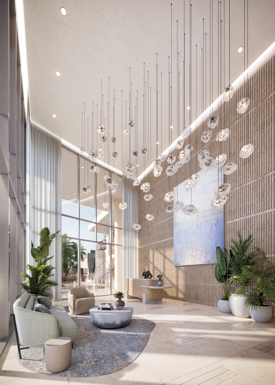 Lobby with hand-blown glass chandelier