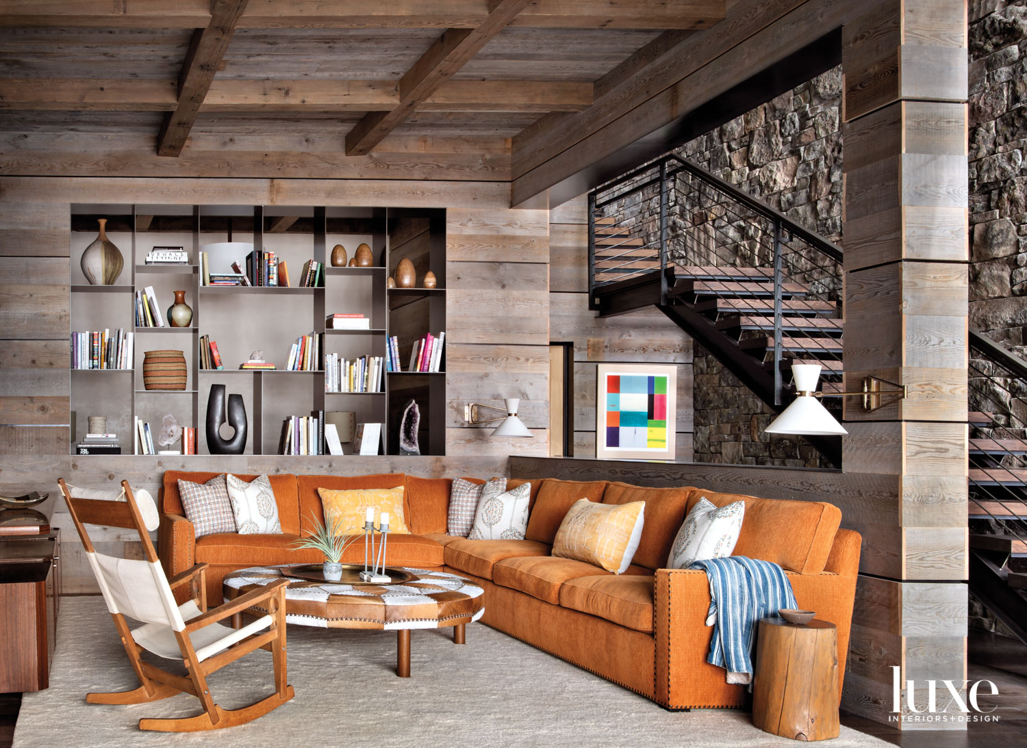 Lounge area with large orange...