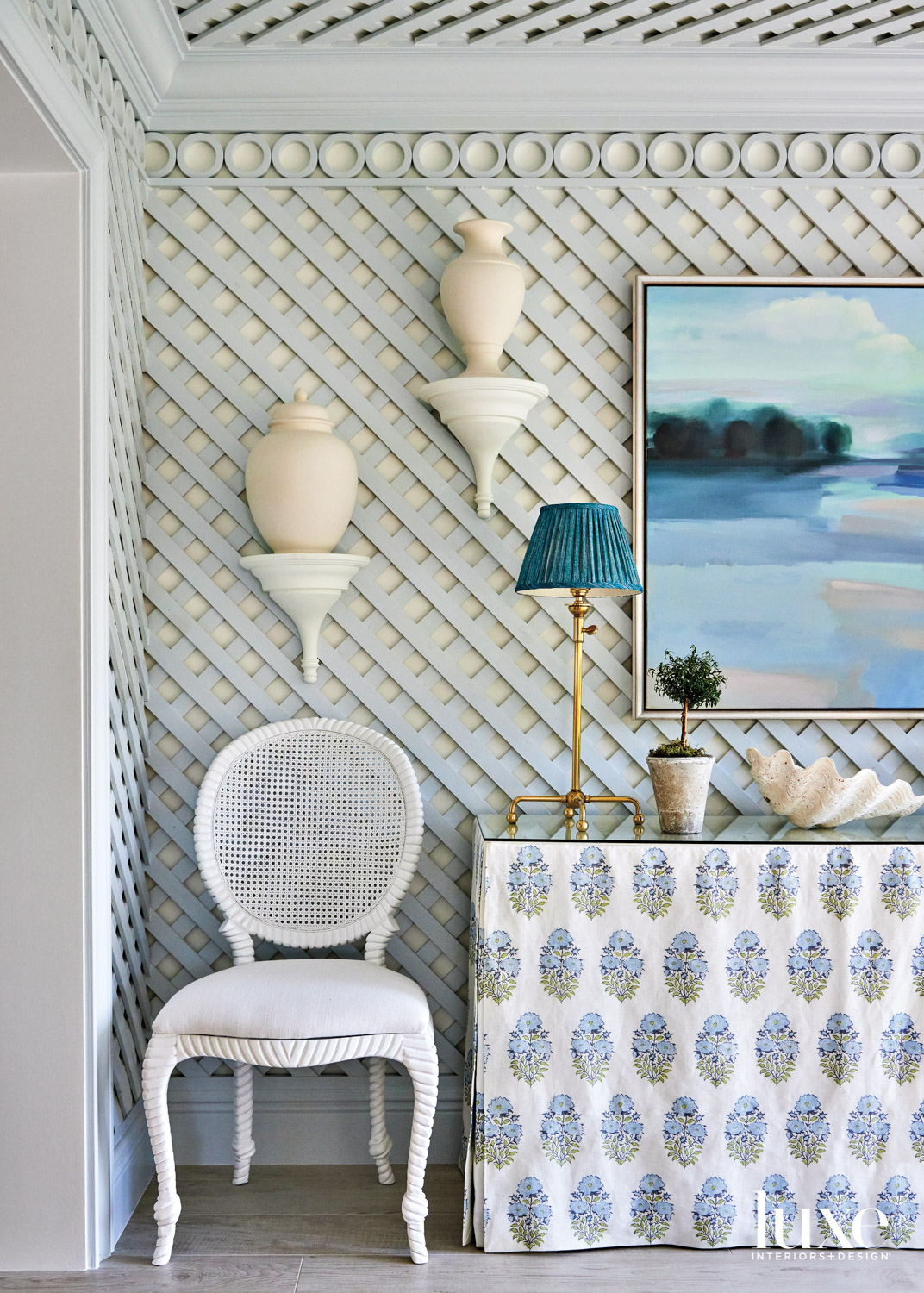 dining room vignette with blue...