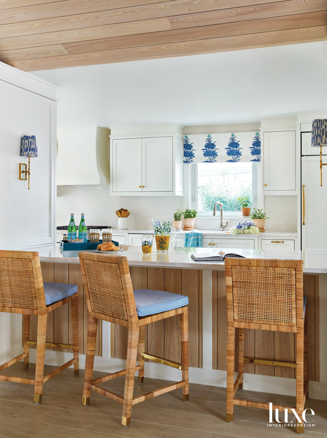 kitchen with woven counter stools,...