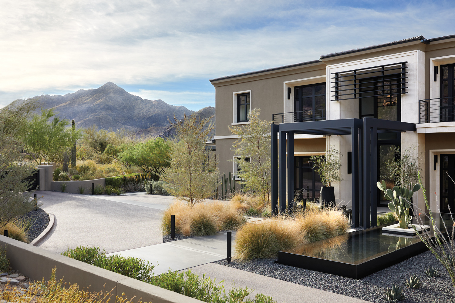 The outsdie of a modern house with a black metal frame entrance. Native desert landscaping surrounds the house and there is a mountain in the background.