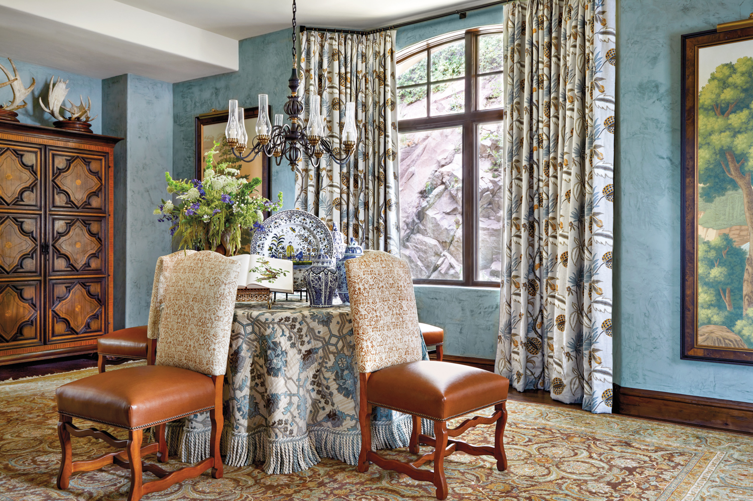 light blue and patterned dining...