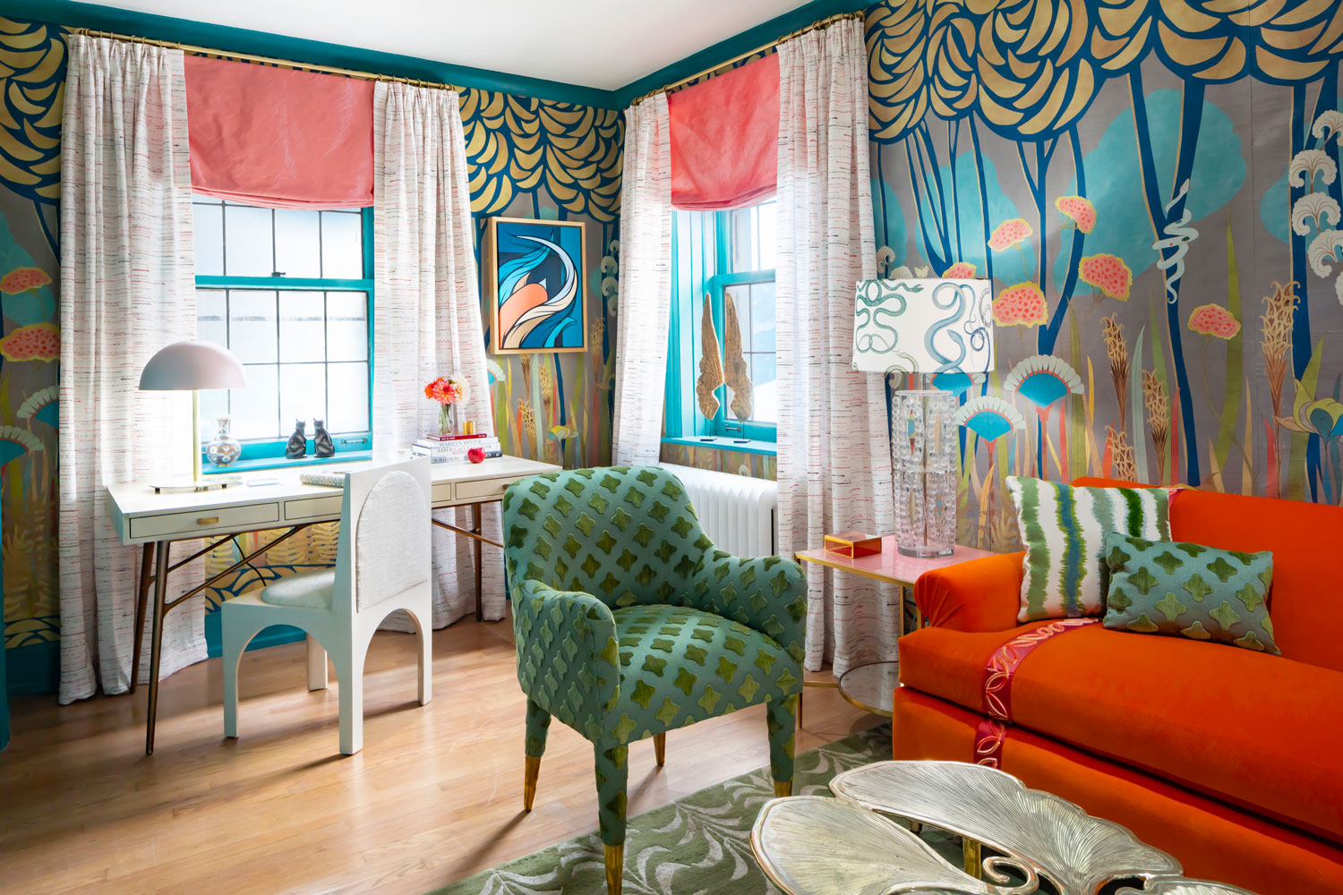 courtney mcleod colorful living room with teal trim