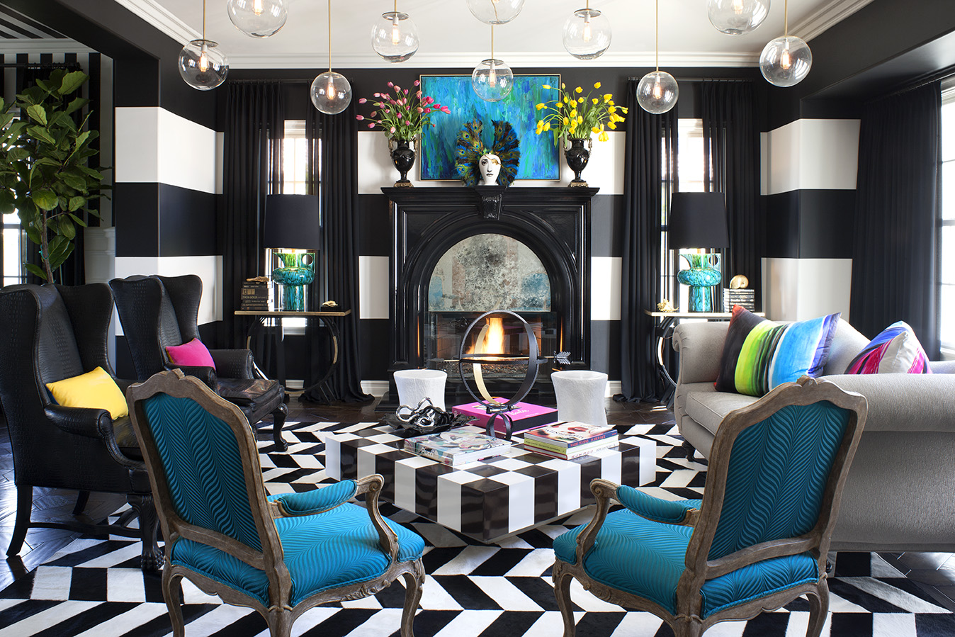 black and white striped living room