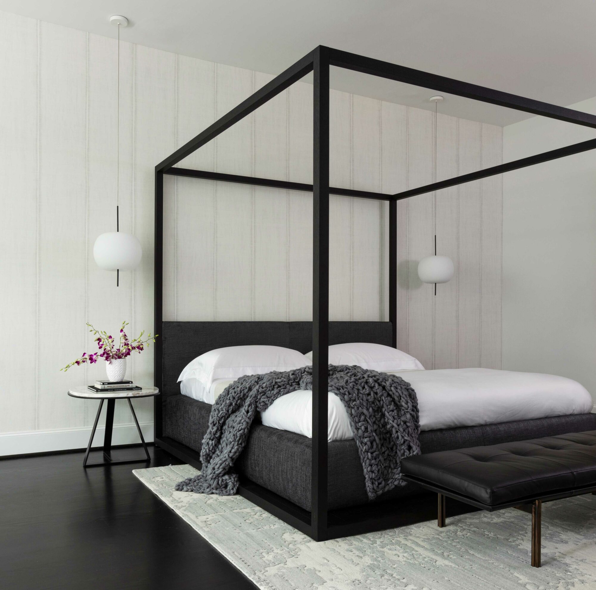 black bed in white bedroom painted pure white sherwin williams