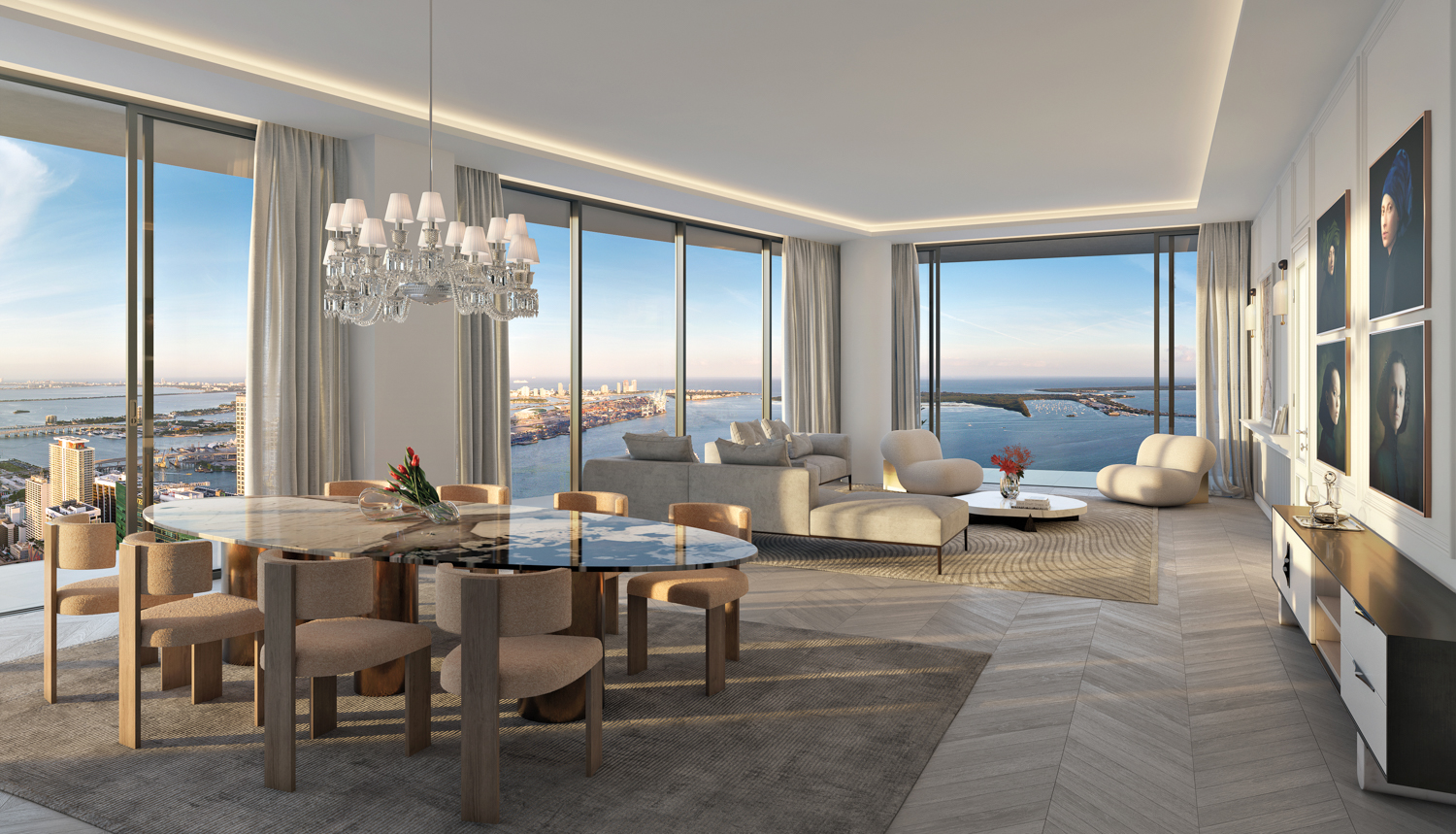 Glamorous dining and living area at the Baccarat Residences Brickell