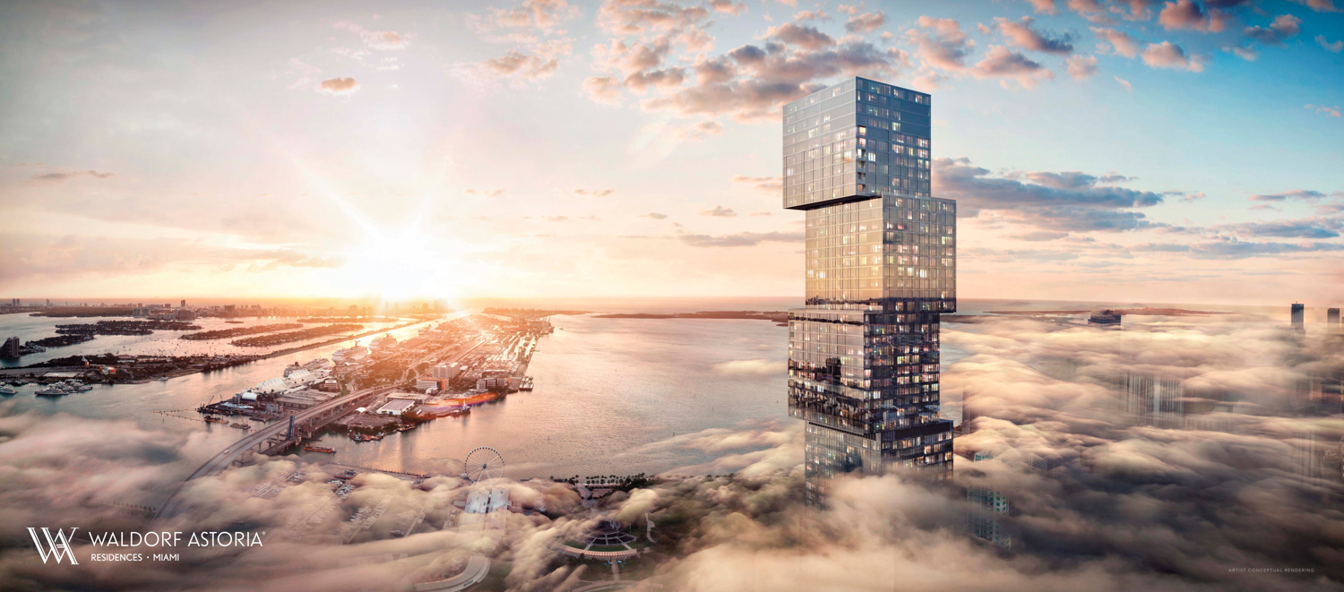 High-rise building with cube-like architecture overlooking BIscayne Bay