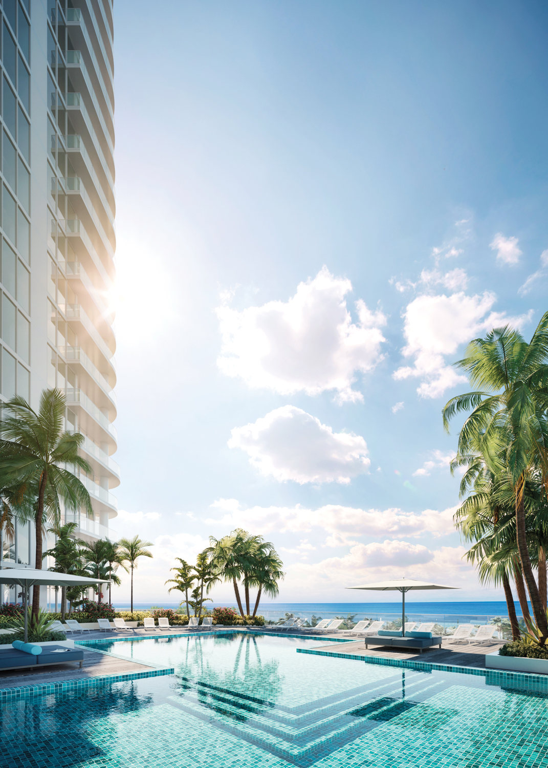 Pool deck with palm trees at Fort Lauderdale luxury high-rise