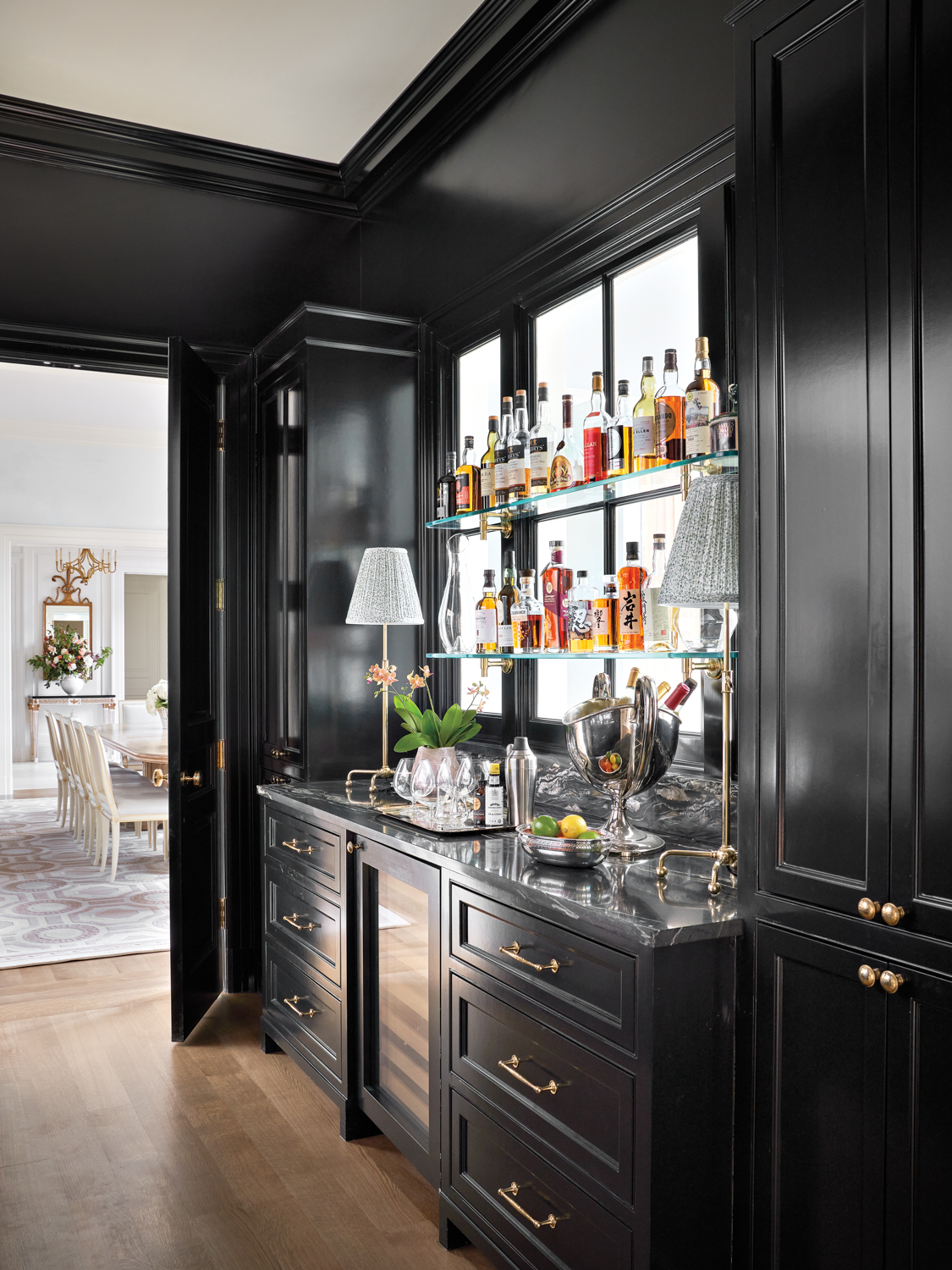 wet bar with black painted...