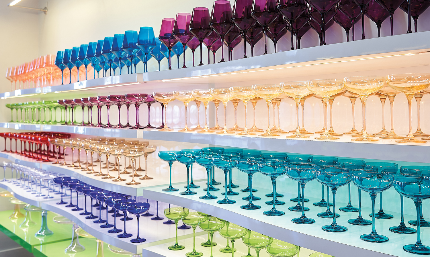 colorful glassware on shelves