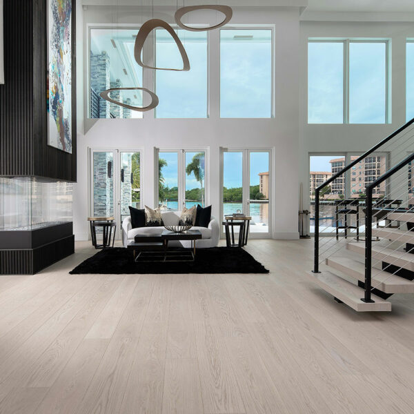 contemporary gray black and white living room with legno bastone flooring