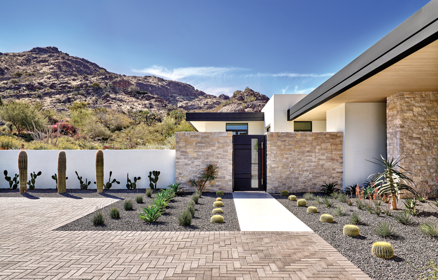The courtyard of a home with native desert plantings A mountain is in the background.