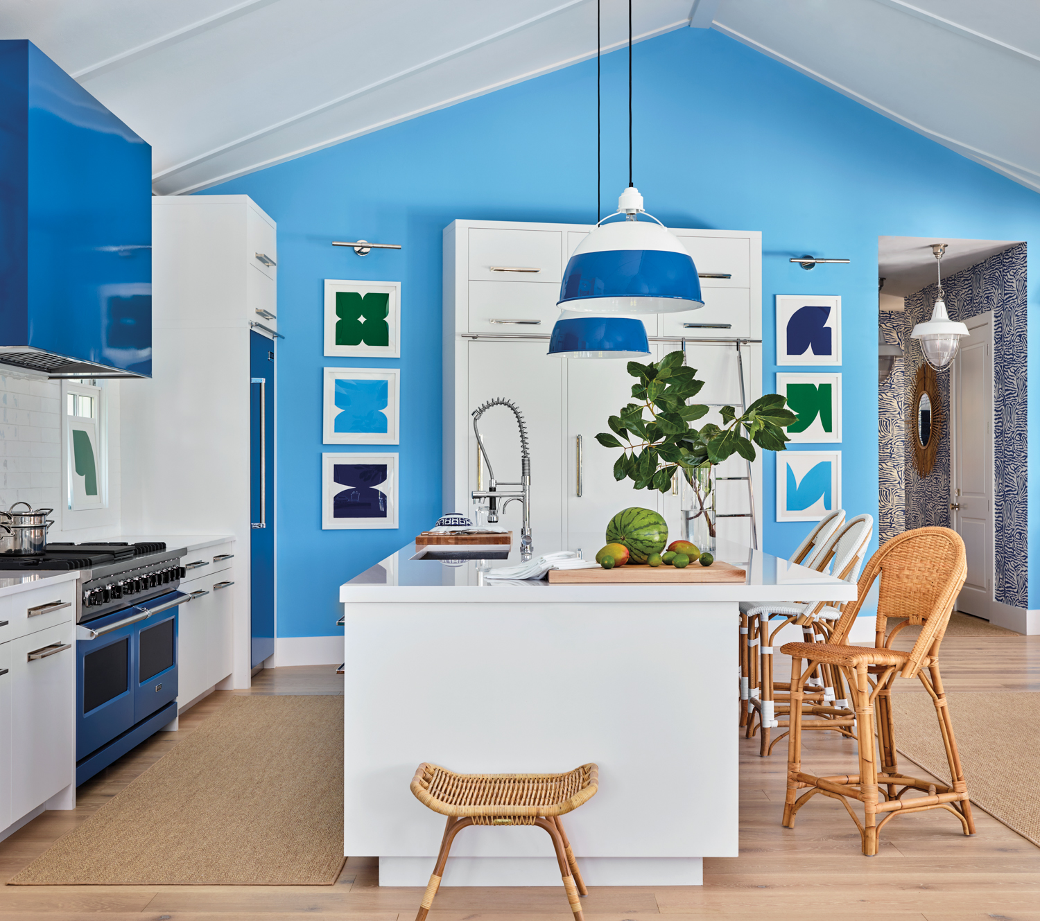 kitchen with blue wall and...